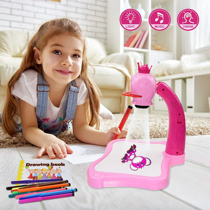 Kids Drawing Projector Table Set with 24 Patterns & 12 Pens – Battery Operated Educational Tracing Toy for Kids 3+