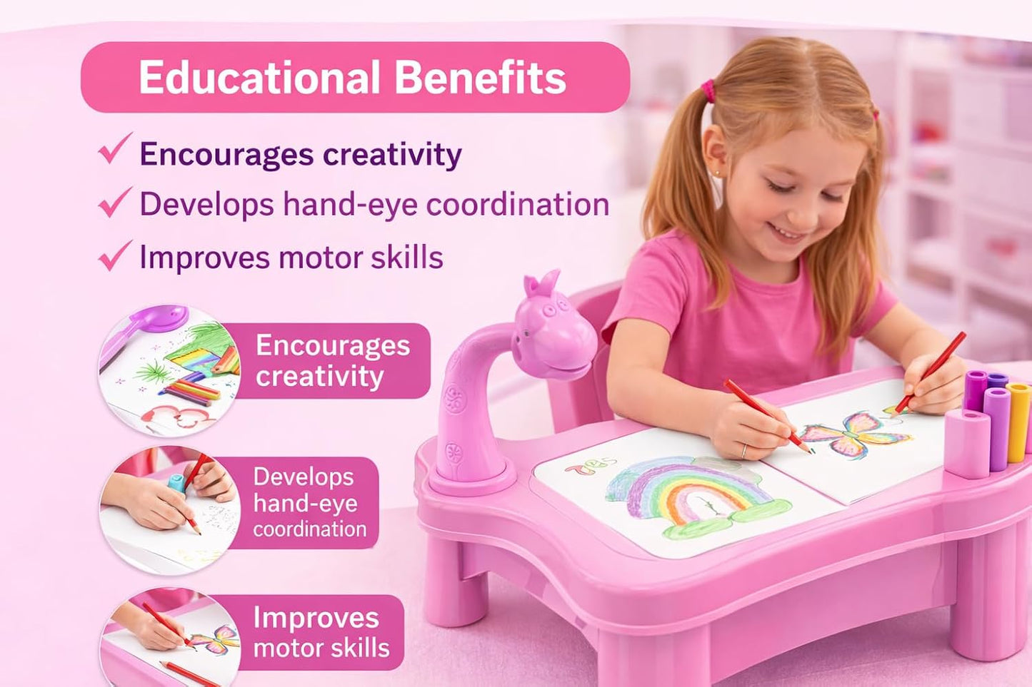 Kids Drawing Projector Table Set with 24 Patterns & 12 Pens – Battery Operated Educational Tracing Toy for Kids 3+