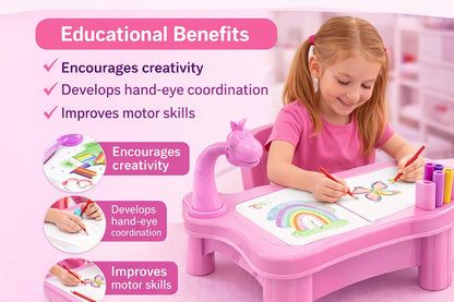 Kids Drawing Projector Table Set with 24 Patterns & 12 Pens – Battery Operated Educational Tracing Toy for Kids 3+