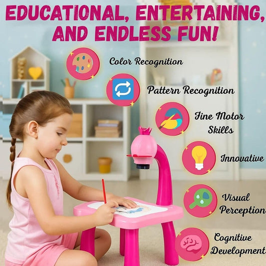 Kids Drawing Projector Table Set with 24 Patterns & 12 Pens – Battery Operated Educational Tracing Toy for Kids 3+