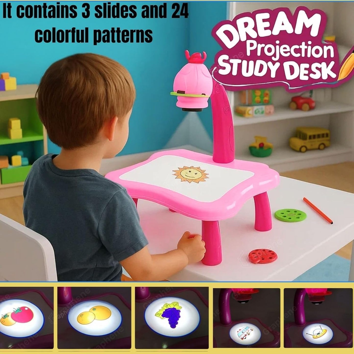 Kids Drawing Projector Table Set with 24 Patterns & 12 Pens – Battery Operated Educational Tracing Toy for Kids 3+