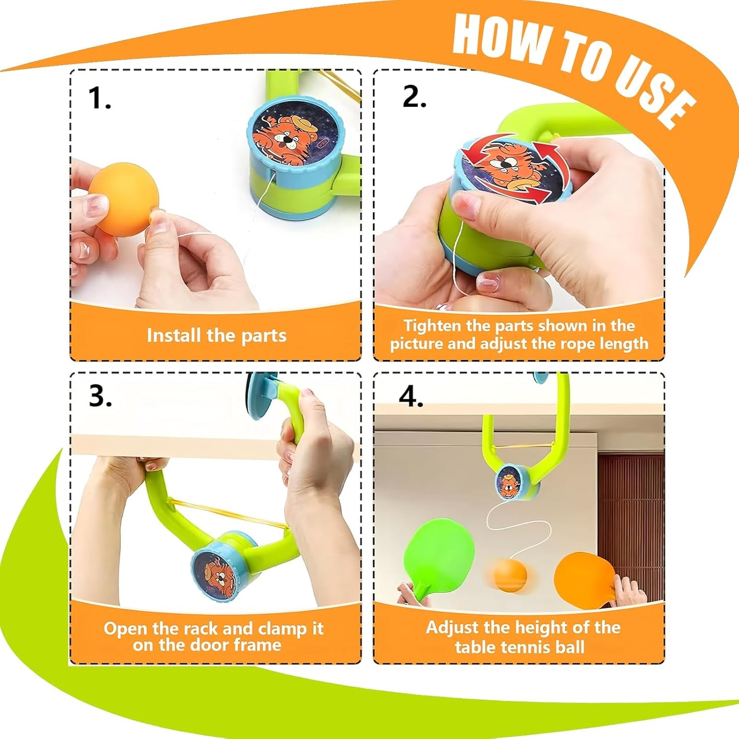 Adjustable Door Hanging Ping Pong Trainer Set with 2 Paddles & Balls