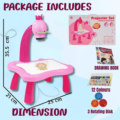 Kids Drawing Projector Table Set with 24 Patterns & 12 Pens – Battery Operated Educational Tracing Toy for Kids 3+